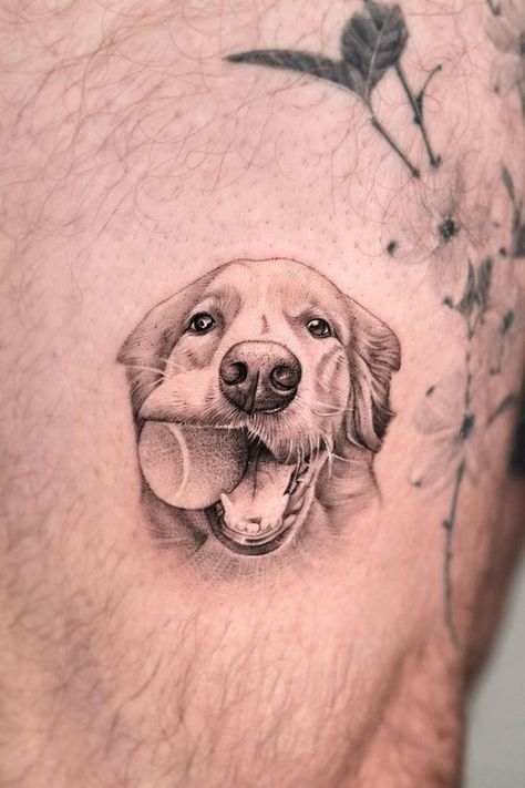 Dog And Ball Tattoo Golden Retriever Fine Line Tattoo, Dog Portrait Tattoo Ideas, Portrait Tattoo Ideas, Golden Retriever Tattoo, Retriever Tattoo, Dog Portrait Tattoo, Dog Tattoo Ideas, Ball Tattoo, Tiny Dog