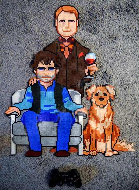 Hannibal Pixel Art, Actors Hollywood, Hand Ball, Dark Atmosphere, Hannibal Tv Show, Ps3 Controller, Pearl Beads Pattern, Perler Art, Hama Beads Design