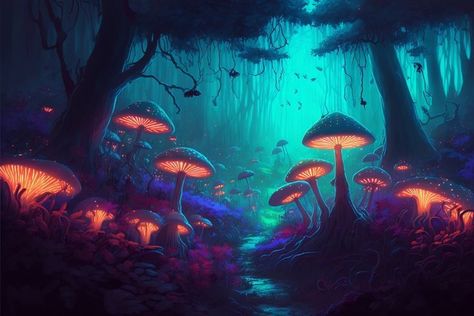 Dark Forest Mushrooms, Magical Mushroom Art, Glowing Mushrooms Art, Magic Forest Drawing, Bioluminescence Forest, Forest Cyberpunk, Mushroom Forest Drawing, Magic Mushroom Drawing, Glowing Mushroom Forest