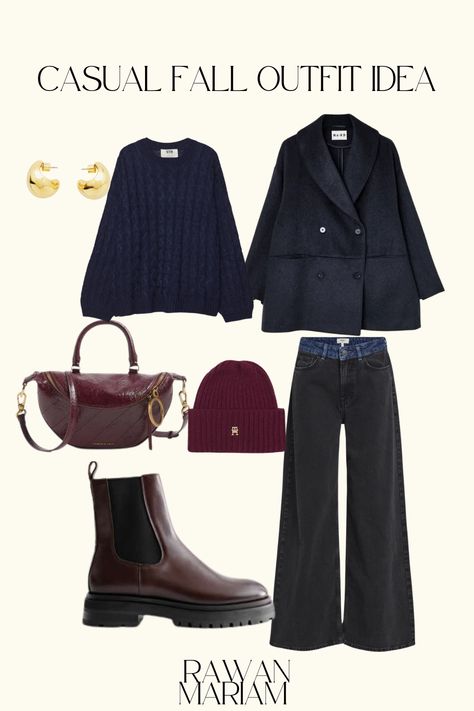 blue and burgundy outfit, fall and winter aesthetic. Navy short coat, wide leg black jeans, cable knit jumper, chunky boots, crossbody bag, gold jewellery Navy Short Coat Outfit, Navy Jumper Outfit, Fall And Winter Aesthetic, Short Coat Outfit, Autumn Aesthetic Outfit, Aesthetic Navy, Wide Leg Black Jeans, Fall Autumn Aesthetic, Dark Academia Outfit