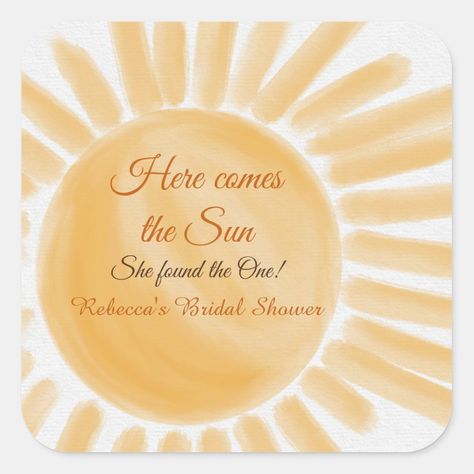 Here Comes the Sun Ray Yellow Bridal Shower Square Sticker Sunshine Wedding Theme, Sunshine Bridal Shower Theme, Yellow Bridal Shower Theme, Here Comes The Sun Bridal Shower Theme, Yellow Bridal Shower Ideas, Sticker With Text, Painted Sun, Retro Bridal Showers, Lemon Themed Bridal Shower