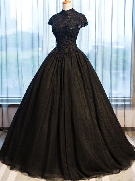 Black Tulle Prom Dress, Colored Wedding Gowns, Black Lace Evening Dress, Bridal Dresses Vintage, Black Wedding Gowns, Second Wedding Dresses, High Neck Wedding Dress, Princess Prom Dresses, Black Evening Gown