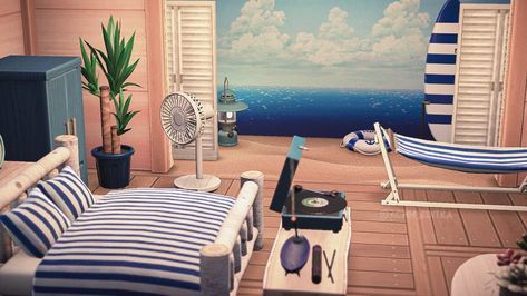 Acnh Hhp Beach House, Animal Crossing Big Room Ideas, Acnh Beach Interior, Animal Crossing Beach House Interior, Beach Theme Animal Crossing, Animal Crossing Beach House Ideas, Animal Crossing Beach Design, Acnh Beach House Interior, Animal Crossing Beach House