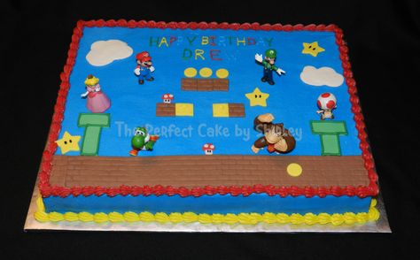 Super Mario sheet cake - Simple sheet cake using toy figures. Iced in buttercream, fondant decorations.Thanks to ziplynn for the inspiration! Super Mario Sheet Cake, Mario Sheet Cake, Simple Sheet Cake, Super Mario Brothers Birthday, Mario Brothers Birthday Party, Mario Birthday Cake, Mario Bros Cake, Super Mario Cake, Super Mario Bros Birthday Party