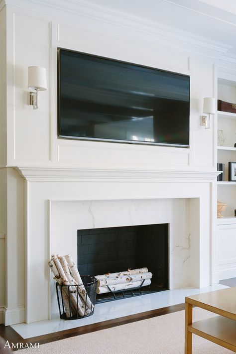 Fireplace Molding Trim, Tv Wall Design And Fireplace, Transitional Fireplace Design With Tv, Built Out Tv Wall, Traditional Gas Fireplace Ideas With Tv Above, Classic Fireplace With Tv, Traditional Fireplace With Tv Above, Lighting Around Tv, Wainscoting Fireplace Wall With Tv