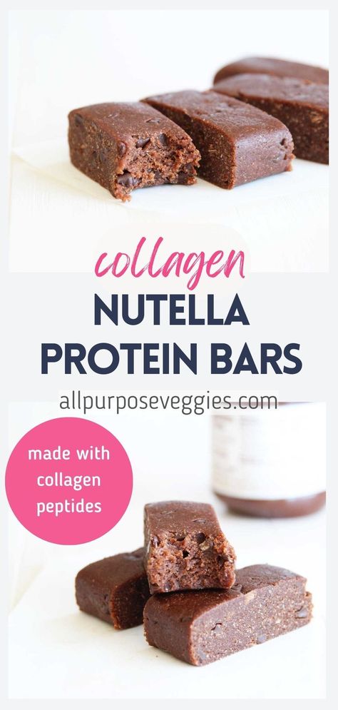 Satisfy your sweet tooth with these delicious Easy Nutella Protein Bars made with Collagen Peptides! These soft and chewy protein bars are packed with chocolatey goodness and the added benefits of collagen peptides. Perfect for a post-workout snack or a sweet treat anytime. #healthysnacks #energybars #proteinbars #nutella #nutellaproteinbars #chocolateproteinbars #collagenpeptides #collagen Collagen Bars Recipe, Chewy Protein Bars, Collagen Desserts, Protein Nutella, Collagen Peptides Recipes, Collagen Powder Recipes, Collagen Bars, Collagen Protein Bars, Vsg Recipes