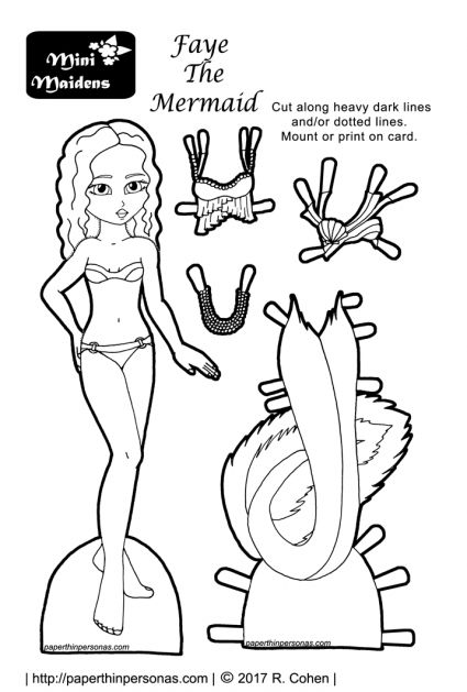 A mermaid paper doll coloring page with a tail and two tops. Free to print from paperthinpersonas.com. Paper Doll Costume, Kid Coloring Page, Mermaid Crafts, Paper Doll House, Kids Themed Birthday Parties, Arts And Crafts House, Mermaid Dolls, Cool Art Projects, Paper Dolls Printable