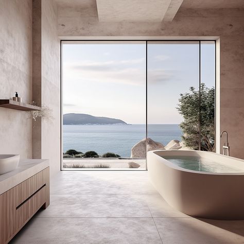 Immerse yourself in pure bliss with a luxurious bathroom featuring an open stone bath that reveals the soothing beauty of the ocean. #EHD #interiordesign Luxury Spa Design Interiors, Spa Design Interior, Luxury Spa Design, Recreational Center, Upscale Bathroom, Luxury Hotel Bathroom, Sunken Bathtub, Ocean View Hotel, Bedroom Ocean View