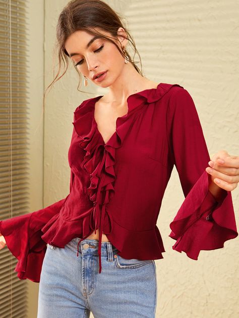 Flounce Sleeve Ruffle Trim Tie Front Top | SHEIN Classy Blouses, Frill Tops, Top Shein, Tie Front Dress, Tie Front Top, Flounce Sleeve, Women Blouses, Front Tie Top, Shein Style