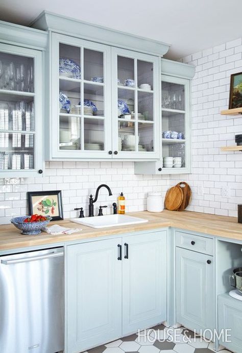 A Grown-Up Take on Decorating with Pastels Kitchen Rehab, Light Blue Kitchens, Cottage Kitchen Design, Серая Кухня, Butcher Blocks, Blue Kitchen Cabinets, House Makeover, New Kitchen Cabinets, Blue Cabinets