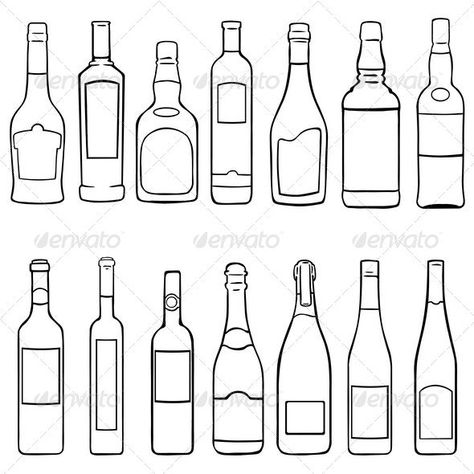 Wine Bottle Drawing, Wine Illustration, Bottle Drawing, Bottle Tattoo, Pub Set, Alcohol Bottles, Liquor Bottles, Design Website, 로고 디자인