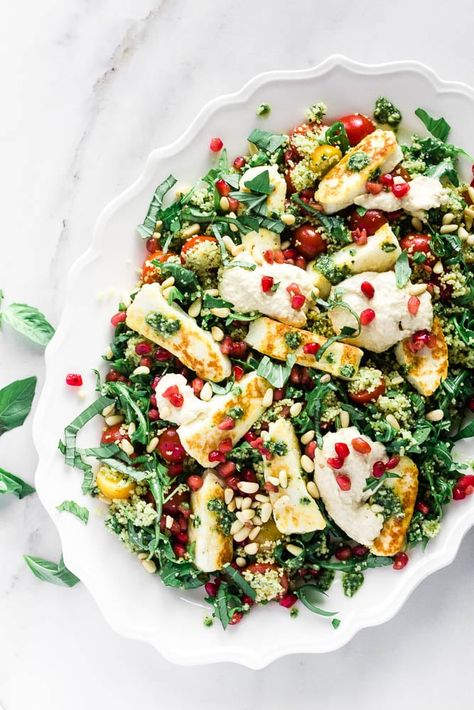 Chicken And Halloumi Salad, Halloumi Couscous Salad, Couscous Halloumi Salad, Halloumi Couscous, Springtime Meals, Zoe Nutrition, Lunch 2023, Retreat Food, Hummus Salad