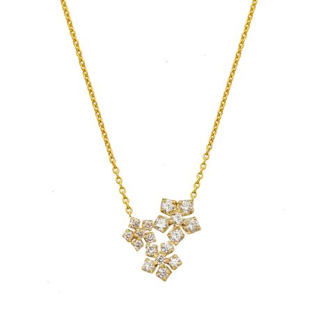 A Sethi Couture favorite, the Enchanted Garden Triple Flower White Diamond Necklace is a family of three blooms along the same vine. Made to match with our Enchanted Garden Triple Flower White Diamond Earrings. The chain includes a jump ring at 16", meaning you can swap between 16" and 18" length for greater layering variety. 18K Yellow Gold 18 Brilliant Cut White Diamonds Total Diamond Weight: 0.31ct Pendant Diameter: 12mm Chain Length: 18" Flower Diamond Necklace, White Diamond Necklace, Diamond Chain Necklace, White Diamond Earrings, Small Necklace, Family Of Three, Flower White, Enchanted Garden, Diamond Chain