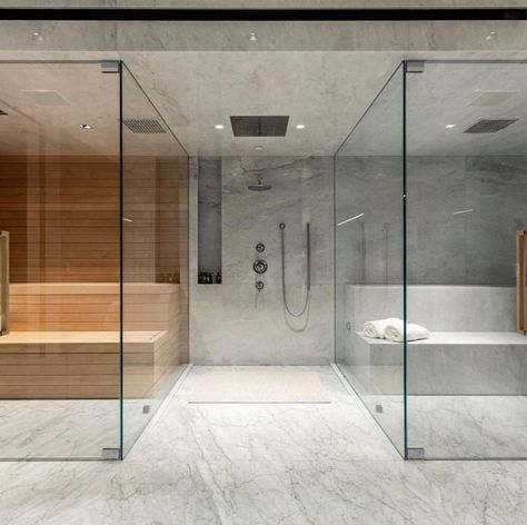 Home Sauna Cold Plunge, Sauna Bathroom Ideas, Home Steam Room, Sauna Bathroom Design, Steam Room Shower, Sauna A Vapor, Sauna Shower, Home Spa Room, Recovery Room