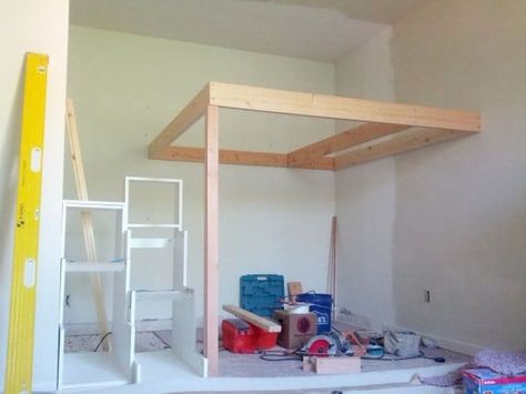 Ikea Loft Bed Hack, Bedroom Loft Ideas, King Size Bed Frame Diy, Ikea Office Furniture, Ikea Loft Bed, Ikea Bed Hack, Girls Loft Bed, A Loft Bed, Loft Bed Plans