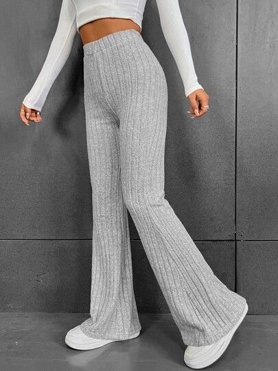 Ribbed Flares, Crop Pullover, Casual Chique, Solid Color Pants, Winter Pants, Bootcut Pants, Flare Leg Pants, Bell Bottom, Slim Waist