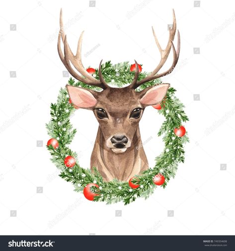 Noble deer. Christmas wreath. Watercolor illustration Globe Wall Light, Vine Wall, Nordic Christmas, Deer Print, Watercolor Drawing, Christmas Deer, Visual Artwork, Watercolor Clipart, Poster Making