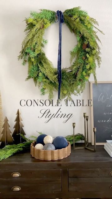 Console Table Styling, Navy Christmas, Console Table Decorating, Neutral Christmas Decor, Table Styling, Christmas Mantle, Home For The Holidays, Holiday Home Decor, Christmas Inspiration