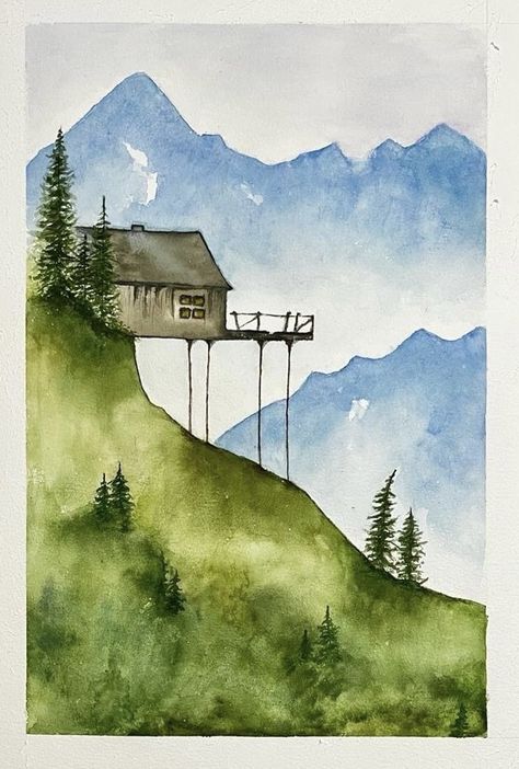 Watercolour And Pen Art Landscape, Simple House Watercolor, Watercolor Art Inspiration Easy, Complementary Colour Painting, Watercolor Landscape Easy Step By Step, Watercolor Barns Simple, Landscape Ideas Watercolor, Watercolor And Pen Art Simple, Nature Watercolor Paintings Easy