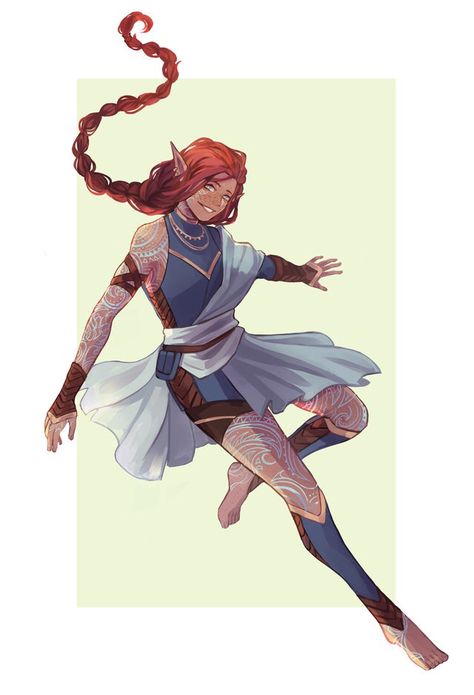 Qareen Fairy Monk Dnd, Rouge Outfits Female Dnd, Elf Monk Female Dnd, Dnd Monk Outfit, Quarterstaff Dnd, Female Bard Character Design, Female Monk Dnd, Monk Dnd Character Design, Dnd Fairy Character