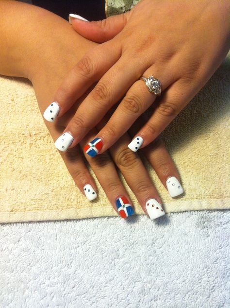 Dominican Republic Nails, Jamaican Nail Designs, Caribbean Nails, Dominican Nails, Baseball Nails, Vacation Nails Beach, Dominican Flag, Flag Nails, Palm Tree Nails