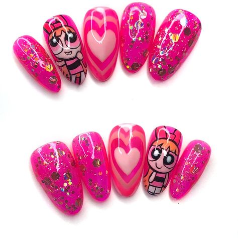 Pink Nails Gel, Mix Nails, Blossom Powerpuff, Blossom Nails, Cartoon Nail Designs, Nail Art Pink, Character Nails, Fairy Nails, Cartoon Nails