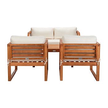 Dren Collection 4-pc. Conversation Set Weather Resistant, Color: Natural Beige - JCPenney Clean Decor, Live Set, Cozy Lounge, Outdoor Lounge Set, Eucalyptus Wood, Wood Patio, Patio Lounge, Outdoor Living Room, White Cushions