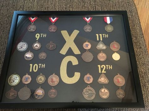 Track Medal Display, Track Medals, Medal Board, Track Banquet, Cross Country Pictures, Sports Shadow Boxes, Sports Pictures Display, Track Things, Cross Country Gift