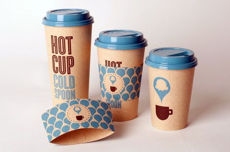 Student Spotlight: Hot Cup Cold Spoon | Dieline Coffee Cup Packaging, Takeout Coffee, Franchise Design, Cool Coffee Cups, Cup Packaging, Cool Coffee, Coffee Cup Design, Beautiful Branding, Pink Foods