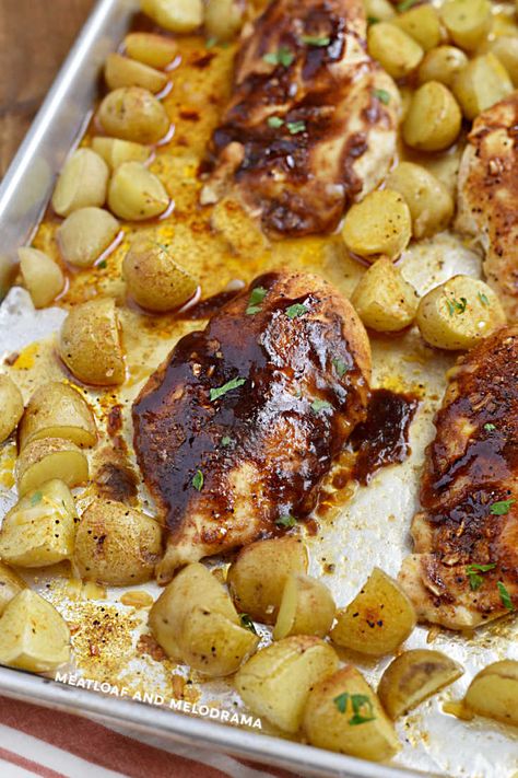 Sheet Pan BBQ Chicken with roasted potatoes is a quick and easy dinner recipe that takes just 30 minutes to bake and is super easy to clean up! Sheet Pan Dinners Red Potatoes, Sheet Pan Barbecue Chicken Dinner, Sheet Pan Barbecue Chicken, Bbq Sheet Pan Chicken, Bbq Chicken And Potatoes, One Sheet Pan Dinners, Sheet Pan Bbq Chicken, Pan Bbq Chicken, Baked Barbeque Chicken