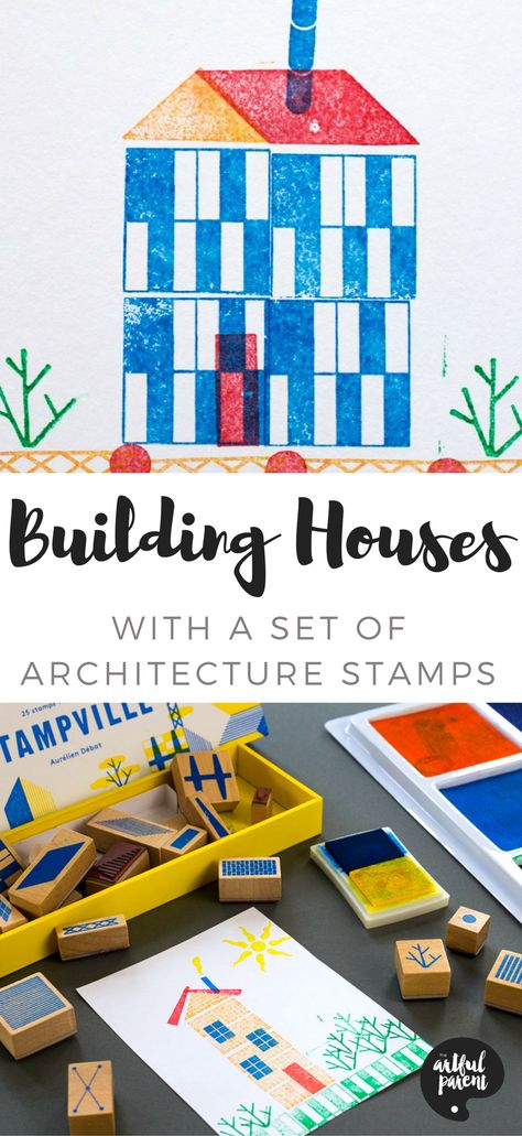 This Stampville architecture stamp set is open-ended and allows kids and adults to build any number of houses, buildings, and scenes with the large variety of simple rubber stamps included. #kidsart #kidsactivities #stamp #printmaking Building Shapes Architecture, Architecture Preschool, Open Ended Art, Arts And Crafts House, Creative Curriculum, Collaborative Art, Art Activities For Kids, Art Lessons Elementary, Easy Crafts For Kids