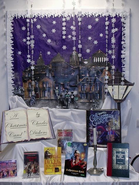 Library display - Christmas 2011 book display - "A Christmas Carol" A Christmas Carol Display Classroom, Winter Library Decorations, A Christmas Carol Display, Bookstore Christmas Displays, December Book Display, December Book Displays, Library Displays Christmas, Christmas Book Display Library, Christmas Library Display