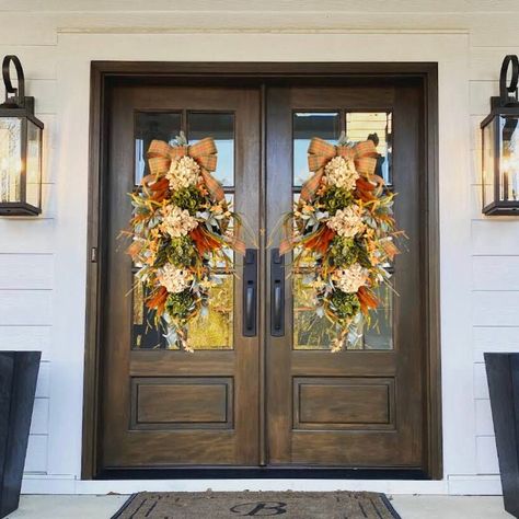 Fall Swags For Front Door, Front Door Swag, Double Door Wreaths, Fall Hydrangea, Rose Gold Decor, Fall Swags, Rose Gold Christmas, Double Front Doors, Door Swag