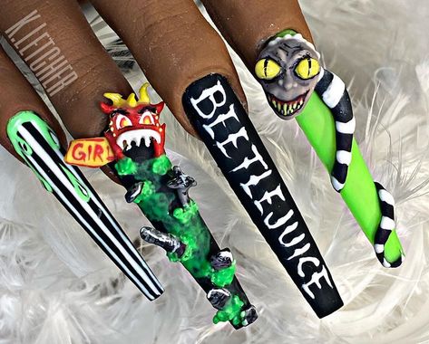 Halloween Nails Acrylic Beetlejuice, Bettle Juice Nail, Beetlejuice Nails Design, Beetlejuice Acrylic Nails, 9 Inch Nails, Bettel Juice Nail, 3d Beetlejuice Nails, Beetlejuice Nail Ideas, Beetle Juice Nails Acrylic