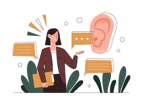 Good Listener Illustration, Communication Skills Aesthetic, Active Listening Illustration, Listening Pictures, Listening Aesthetic, Listening Illustration, Thinking Cartoon, Talk Illustration, Person Talking