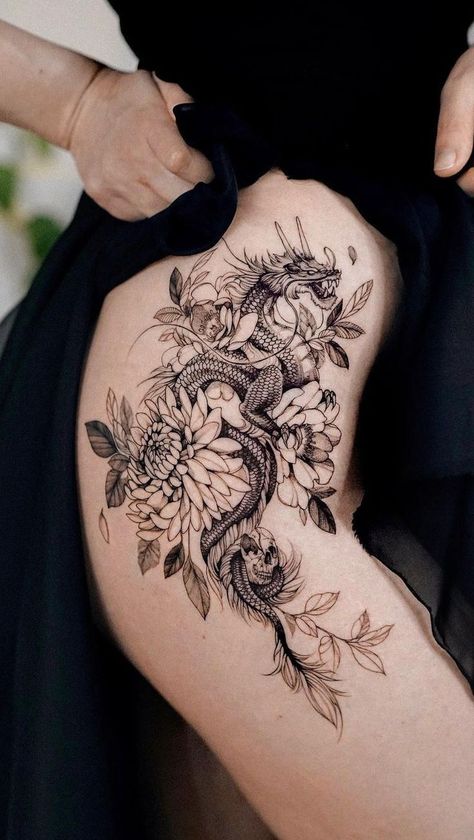 Dragon Tattoo Hip, Dragon Thigh Tattoo, Hip Thigh Tattoos, Dragon Tattoo For Women, Hip Tattoos Women, Leg Tattoos Women, Dragon Tattoo Designs, Thigh Tattoos Women, Cute Tattoos For Women