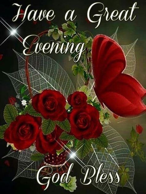 Red Butterfly And Roses - Have A Great Evening quotes quote evening good evening quotes good night quotes evening blessing Good Evening Messages, Good Night I Love You, Good Evening Wishes, Evening Pictures, Evening Quotes, Good Evening Greetings, Evening Greetings, Night Blessings, Happy Birthday Greetings Friends