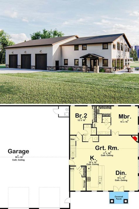 Beautiful two story new american house plans with french country aesthetic, 4 bedrooms, and 3 bathrooms. At over 2500 sq ft, this modern luxury barn home, has a spacious garage and an elegant shiplap exterior. Full open floor plan and blueprint at:  https://www.architecturaldesigns.com/house-plans/barndominium-with-massive-garage-62868dj?cjevent=b66852a089f011ea8230003f0a180511  #blueprint #floorplan #2story House Plans With Garage, Metal Building House Plans, Barn Homes Floor Plans, Steel Building Homes, Barndominium Plans, Two Story House Plans, Bedroom Barndominium, Pole Barn House Plans, Garage Floor Plans