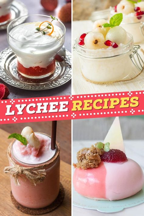 Fall in love with these lychee recipes! From pudding to martinis, you can experience the sweet, tropical taste of lychee in so many delicious ways! Lychee Dessert Recipes, Lychee Cupcakes, Lychee Dessert, Asian Desert, Lychee Recipes, Thai Recipes Dessert, Tropical Food, Impressive Desserts, Dessert Recipies