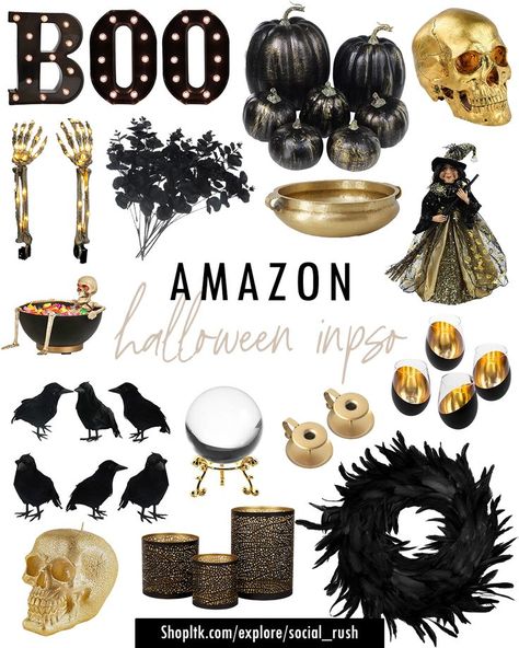 Gold Halloween Decor, Black And Gold Decor, Amazon Halloween, Chic Halloween Decor, Halloween Party Planning, Gold Halloween, Elegant Halloween Decor, Hocus Pocus Party, Black And Gold Theme