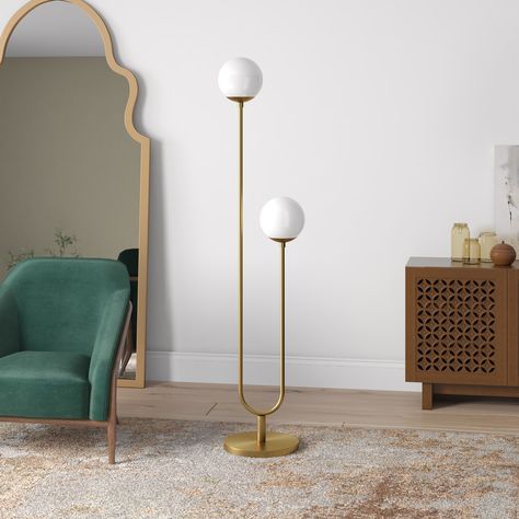 Dufrene 2-Light Floor Lamp with Glass Shades - Bed Bath & Beyond - 36541118 Novelty Floor Lamp, Lamp With Glass, Bronze Floor Lamp, Tree Floor Lamp, Wood Floor Lamp, Arc Floor Lamps, Brass Floor Lamp, Brass Lighting, White Milk Glass