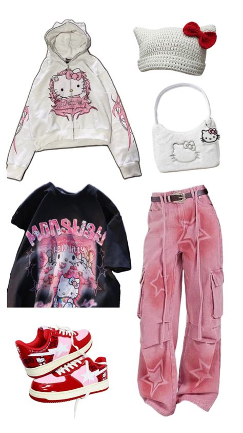 Hello Kitty Shoes Outfit, Cute Hello Kitty Outfits, Hello Kitty Y2k Outfit, Hello Kitty Clothes Aesthetic, Clothes Aesthetic Y2k, Y2k Hello Kitty Outfits, Hello Kitty Fit, Hello Kitty Clothing, Hello Kitty Outfits