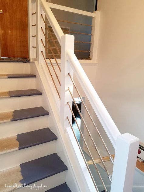 Stair Railing Ideas Lake House, Rope Banister Stairways, Beach House Railing, Coastal Railings For Stairs, Lake House Stair Railings, Lake House Carpet, Coastal Banisters And Railings, Beach House Stair Railings, Coastal Stair Railing Ideas