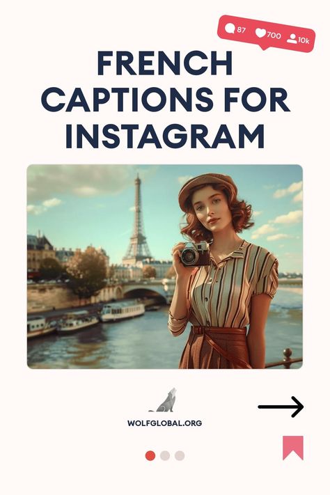 Promotional image for French Instagram captions with a woman holding a camera by the Eiffel Tower.
Graphic with French-themed phrases and icons, a call-to-action button, and a website link.
Advertisement for an Instagram Engagement Pod with a smiling woman using a laptop, surrounded by social icons. French Captions For Instagram, French Captions, Fresh Croissants, Classy Captions For Instagram, Cute Captions, French Aesthetic, Funny French, Instagram Bio Quotes, French Phrases