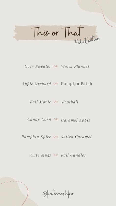 Use this fun interactive Fall This or That quiz on your Instagram story! Let your followers choose their favorites and let them know your favorite picks. #fall #thisorthat #instagramstory #contentidea #fallcontent #autumn #fallthisorthat Fall This Or That Template, This Or That Fall Edition, Fall This Or That, Fall Stories, Whiteboard Prompts, Football Candy, Favorite Questions, Iphone Instagram, Fall Mini