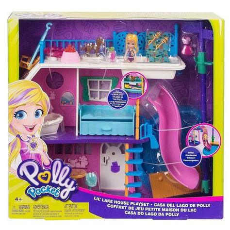 Casa do Lago da Polly, é hora de aventura e diversão em ambientes internos e externos com o Polly Pocket Lakehouse! Há duas histórias esperando para serem exploradas com Polly e suas amigas. O lakehouse inclui quarto, banheiro, cozinha e área de jantar, além de muitas atividades divertidas. Há um deck no topo da casa com um poste que você pode deslizar para baixo e ir direto para o lago! Um escorregador do segundo andar permite que a boneca polly dê um mergulho no lago também! Há um balanço ao l Polly Pockets, Polly Pocket, Lake House, Lake, Magazine