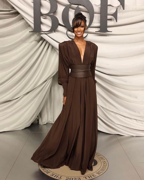 Jasmine Tookes (@jastookes) • Instagram photos and videos Jasmin Tookes, Dress With Waist Belt, Spring Fashion Dresses, Long Sleeve Wedding, Daily Dress, Brown Dress, Wedding Party Dresses, Glamorous Evening Gowns, Flowing Maxi Dress