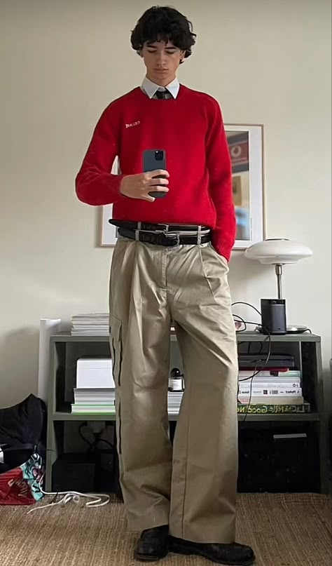 Red Polo Shirt Outfit Men Aesthetic, Men Red Outfit Aesthetic, Red Long Sleeve Outfit Men, Red Dark Academia Outfits Men, Red Polo Shirt Outfit Men, Red Polo Shirt Outfit, Red Longsleeves Outfit Men, Polo Shirt Outfit Men, Vintage Outfits 90s