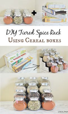 Quick and easy cereal boxes craft to organize your spices in the kitchen cabinet/drawer/pantry Cereal Box Crafts, Tiered Spice Rack, Cereal Boxes Diy, Build A Spice Rack, Spice Rack Uses, Organize My Kitchen, Cereal Box Organizer, Cereal Box Craft, Diy Spice Rack