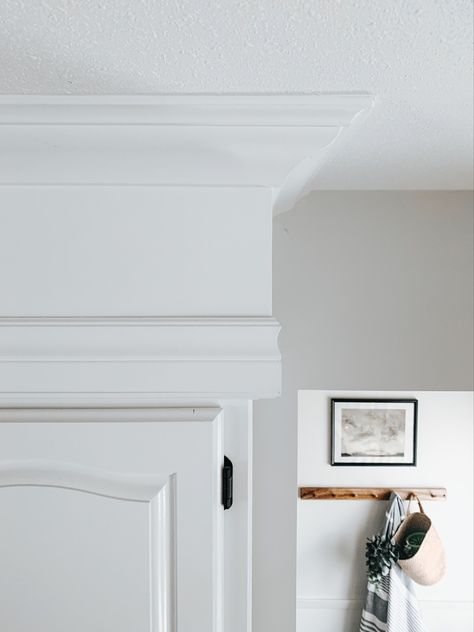 Box Above Cabinets, Disguising Soffit In Kitchen, What To Do With Wall Above Kitchen Cabinets, Trim On Soffit Above Cabinets, Update Cabinets With Trim, Kitchen Soffit Disguise, Disguise Kitchen Soffit Ideas, Moulding Above Kitchen Cabinets, Soffit Kitchen Cabinets